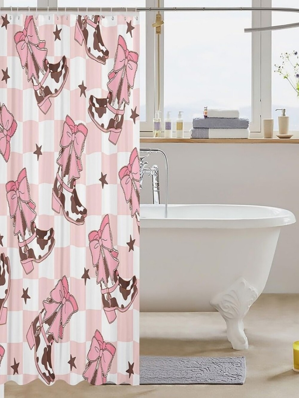 NEW! Pink & Brown Cowboy Boots Shower Curtain 70x70 - Picture 3 of 3